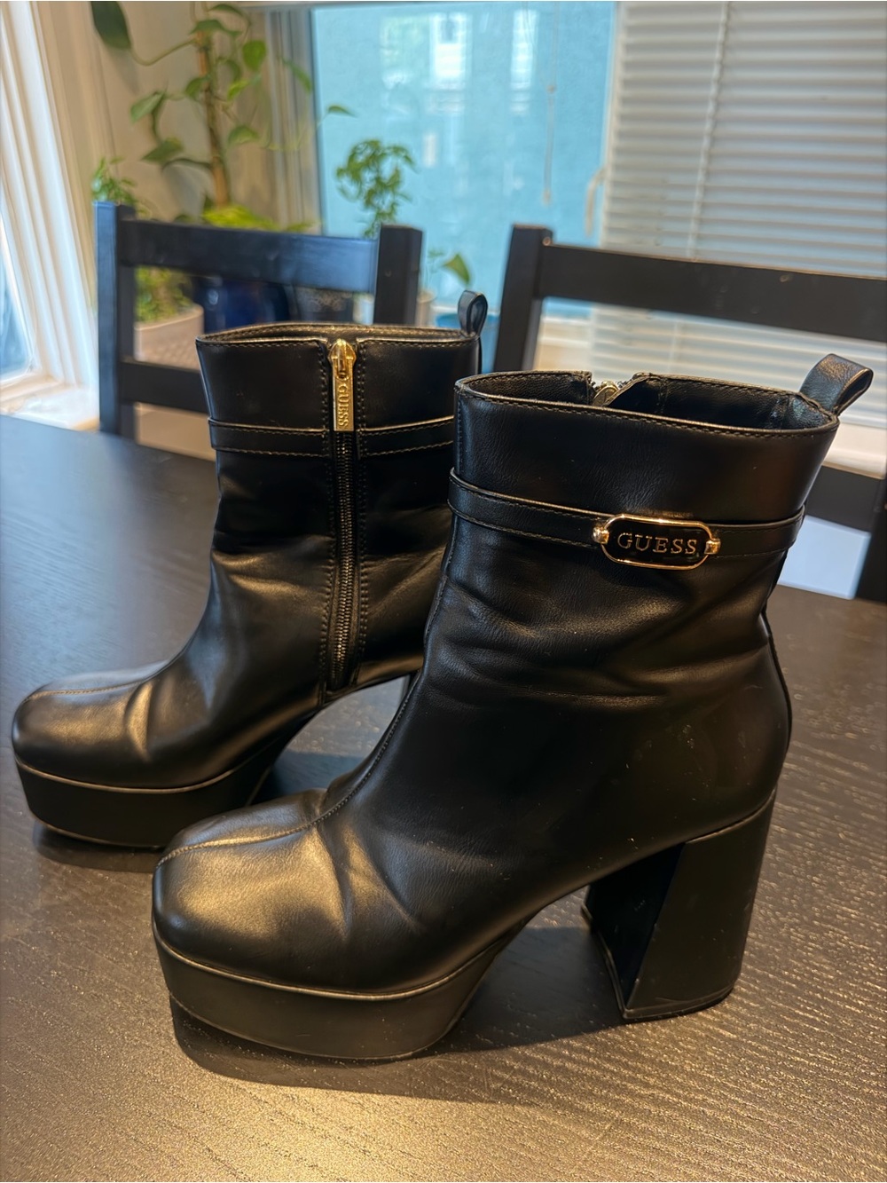 GUESS Black Leather Platform Ankle Boots with Gold Logo
